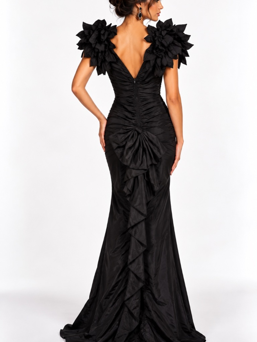 Vintage Zum Zum by Niki Livas Black Ruched Ruffle Shoulder Mermaid Gown